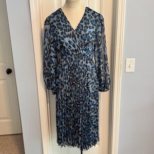 NEW Caballero Small Birdie Blue Animal Print Midi Dress ~ Sheer Sleeve Pleated